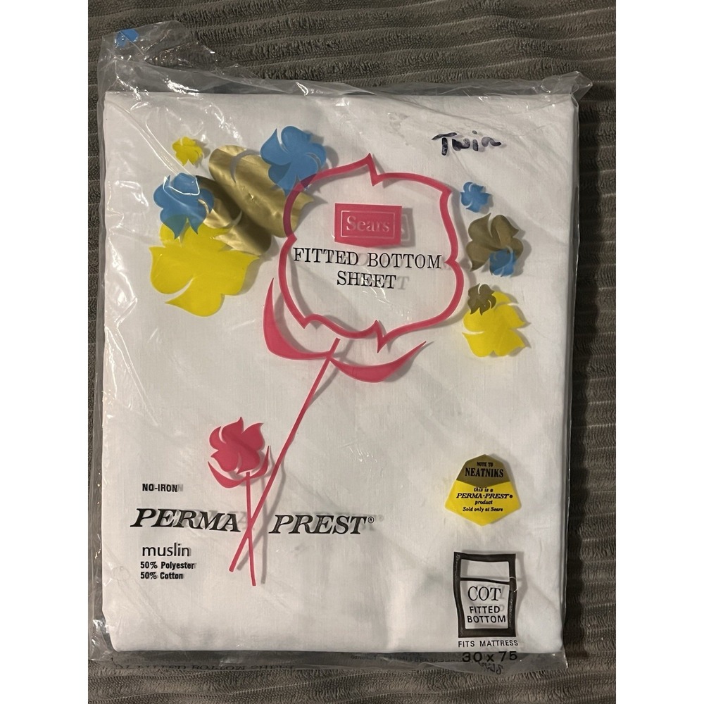 Sears Twin Fitted Sheet‎ Perma Prest Plain White No Iron Muslin New VTG 1970's